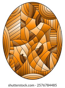 Illustration in stained glass style with abstract fish on a geometric background, oval image, tone brown