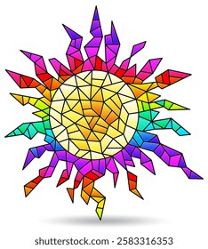 Illustration in stained glass style with abstract sun, element isolated on a white background