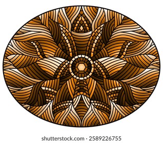 Illustration in stained glass style with abstract flower on a wavy background, round image, tone brown