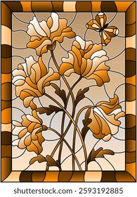 Illustration in stained glass style with  abstract flowers and a butterfly on a sky background in a frame, tone brown