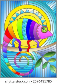 Illustration in stained glass style with abstract geometric rainbow chameleon