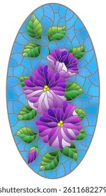 Illustration in stained glass style with abstract intertwined purple flowers and leaves on blue background,vertical orientation, oval image