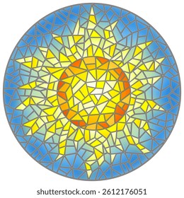 Illustration in stained glass style with an abstract bright sun on a blue sky background and a cloud, square image