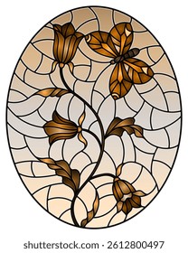 Illustration in stained glass style with abstract curly flowers and a butterfly on sky background , oval image, tone brown