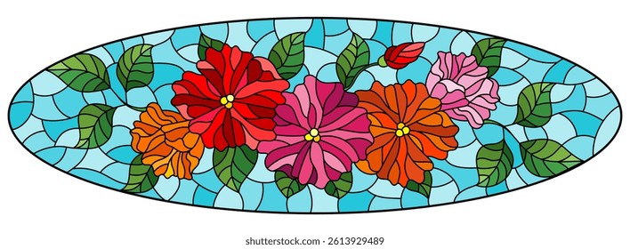 Illustration in stained glass style with abstract intertwined bright flowers and leaves on blue background