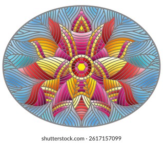 Illustration in stained glass style with abstract pink flower on blue background, round image