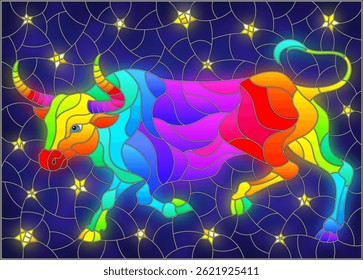 Illustration in stained glass style with an abstract rainbow bull on the background of the night sky and stars