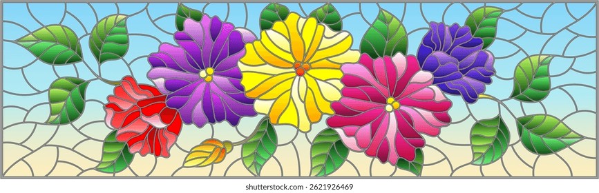 Illustration in stained glass style with abstract intertwined bright flowers and leaves on blue background