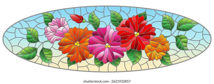 Illustration in stained glass style with abstract intertwined bright flowers and leaves on blue background