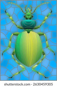 Ilustração em estilo de vidro manchado abstrato em besouro verde em um fundo azul, a imagem retangular