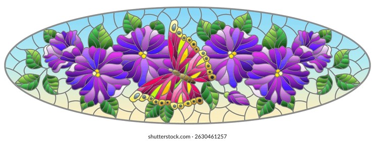 Illustration in stained glass style with abstract curly purple flowers and pink butterfly on blue background , horizontal image