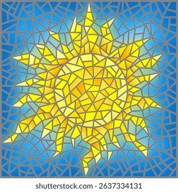 Illustration in stained glass style with an abstract bright sun on a blue sky background and a cloud, square image