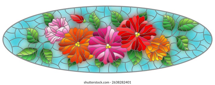 Illustration in stained glass style with abstract intertwined bright flowers and leaves on blue background