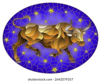 Illustration in stained glass style with an abstract  bull on the background of the night sky and stars, oval image