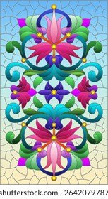 Illustration in stained glass style with abstract flowers, leaves and curls on a blue background, rectangular horizontal image