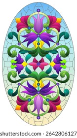 Illustration in stained glass style with abstract flowers, leaves and curls on a blue background,  horizontal oval image