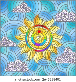 Illustration in stained glass style with an abstract bright sun on a blue sky background and a cloud, square image