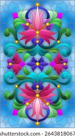 Illustration in stained glass style with abstract flowers, leaves and curls on a blue background, rectangular horizontal image