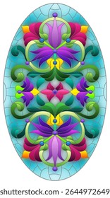 Illustration in stained glass style with abstract flowers, leaves and curls on a blue background,  horizontal oval image