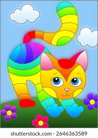 Ilustração em estilo de vidro manchado com gato de arco-íris bonito abstrato em um fundo azul céu e flores
