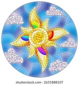 Ilustração em estilo de vidro manchado com um sol brilhante abstrato em um fundo azul céu e uma nuvem, imagem redonda