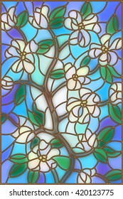 Illustration in stained glass style with abstract cherry blossoms on a blue background