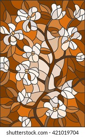 Illustration in stained glass style with abstract cherry blossoms in brown tones