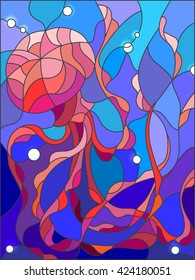 Illustration in stained glass style with abstract jellyfish against a blue sea and bubbles