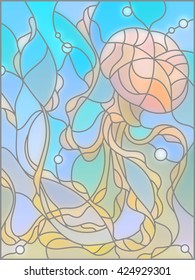 Illustration in stained glass style with abstract jellyfish against a blue sea and bubbles