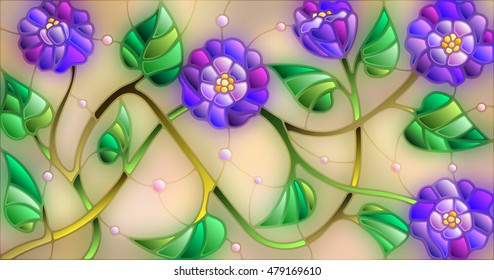 Illustration in stained glass style with abstract blue flowers on a beige background