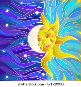 Illustration in stained glass style , abstract sun and moon in the sky