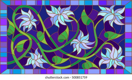 Illustration in stained glass style with abstract blue flowers on a blue background in the frame,horizontal orientation