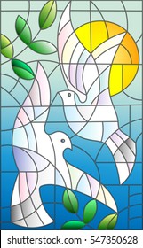 Illustration in stained glass style with abstract pigeons, the sun and branches