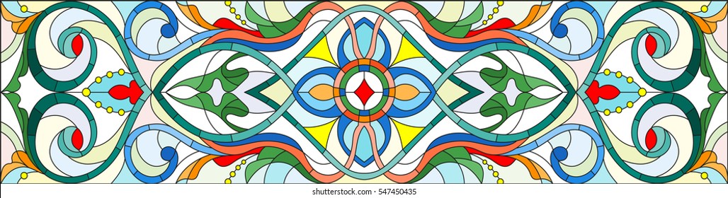 Illustration in stained glass style with abstract swirls and leaves on a light background, horizontal orientation