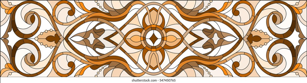 Illustration in stained glass style with abstract swirls and leaves on a light background, horizontal orientation, sepia