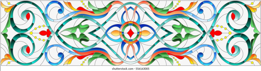 Illustration in stained glass style with abstract  swirls,flowers and leaves  on a light background,horizontal orientation