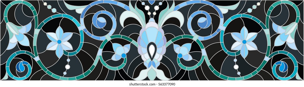 Illustration in stained glass style with abstract  swirls,flowers and leaves  on a black background,horizontal orientation