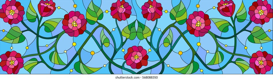 Illustration in stained glass style with abstract pink flowers on a blue background