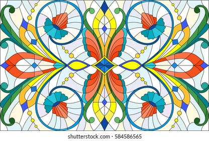 Illustration in stained glass style with abstract  swirls,flowers and leaves  on a light background,horizontal orientation