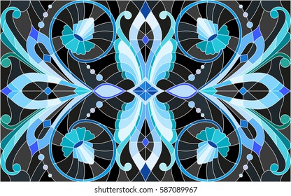 Illustration in stained glass style with abstract  swirls,flowers and leaves  on a black background,horizontal orientation
