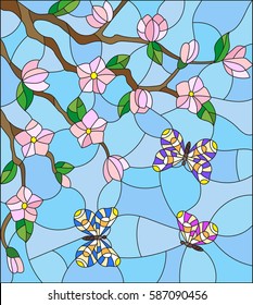 Illustration in stained glass style with abstract cherry blossoms and butterflies on a sky background