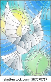 Illustration in stained glass style with abstract pigeon and the sun in the sky