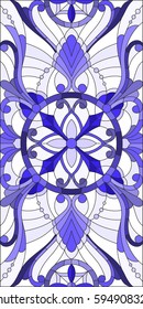Illustration in stained glass style with abstract  swirls,flowers and leaves  on a light background,vertical orientation gamma blue