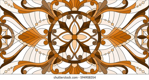 Illustration in stained glass style with abstract  swirls and leaves  on a light background,horizontal orientation, sepia