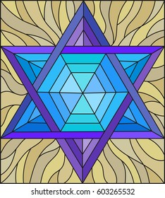 Illustration in stained glass style with an abstract six-pointed blue star on a brown background