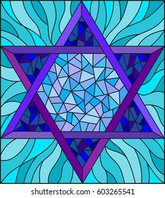 Illustration in stained glass style with an abstract six-pointed blue star on a blue background