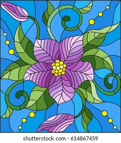 Illustration in stained glass style with abstract purple flower, buds and leaves on a blue background