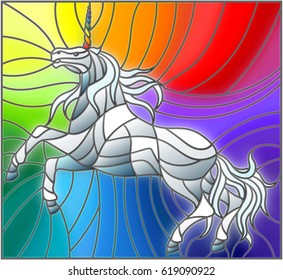 Illustration in stained glass style with abstract white unicorn on a rainbow background