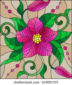 Illustration in stained glass style with abstract pink flower, buds and leaves on a brown background