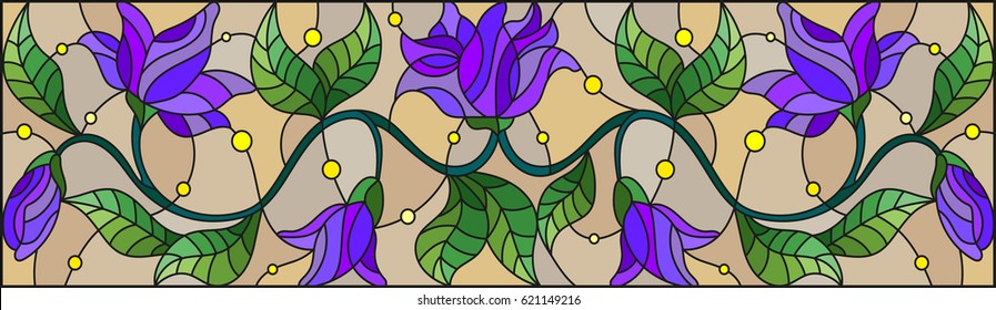 Illustration in stained glass style with abstract blue flowers on a beige background